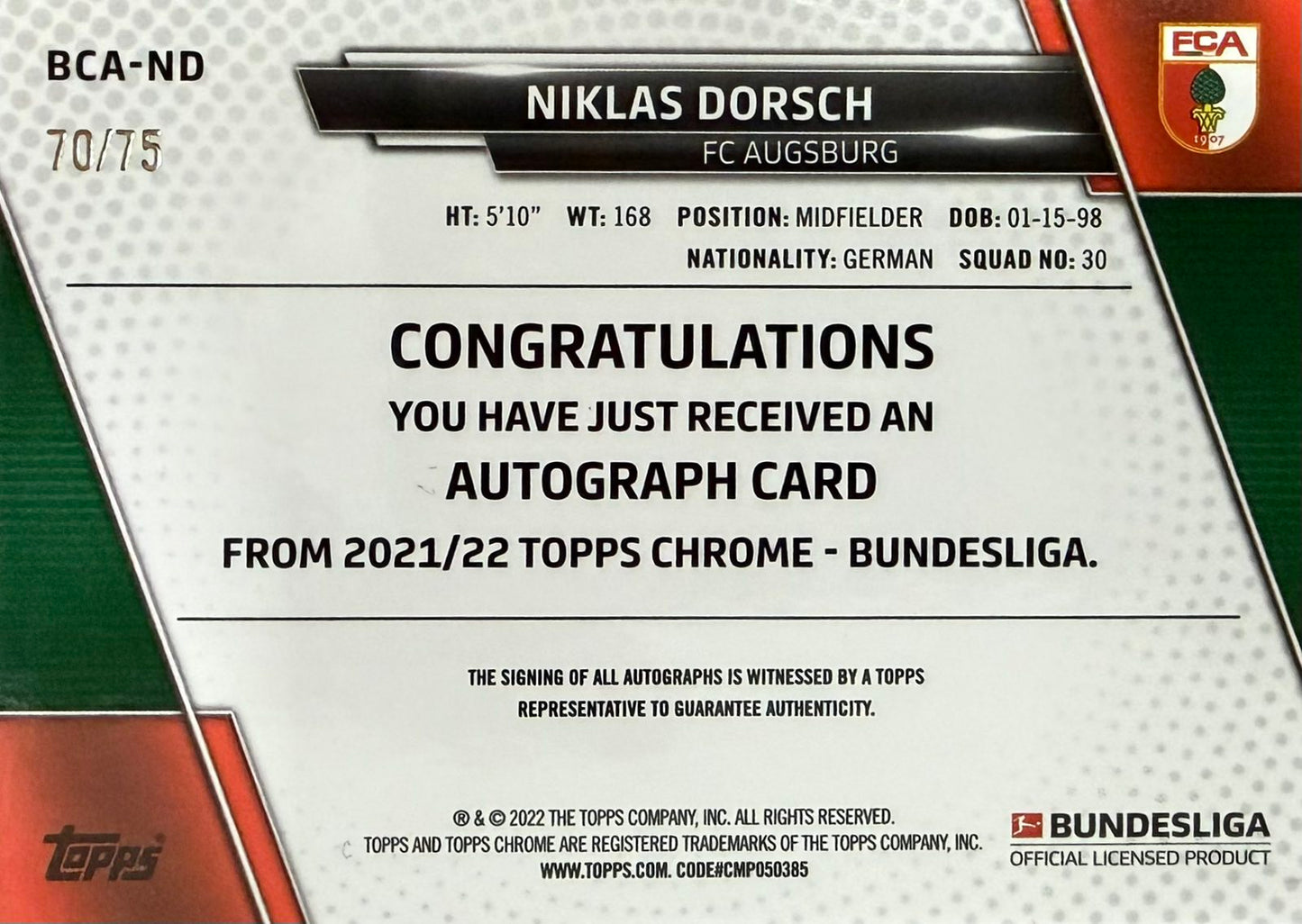 Niklas Dorsch Rookie Autograph Numbered /75 Topps Chrome