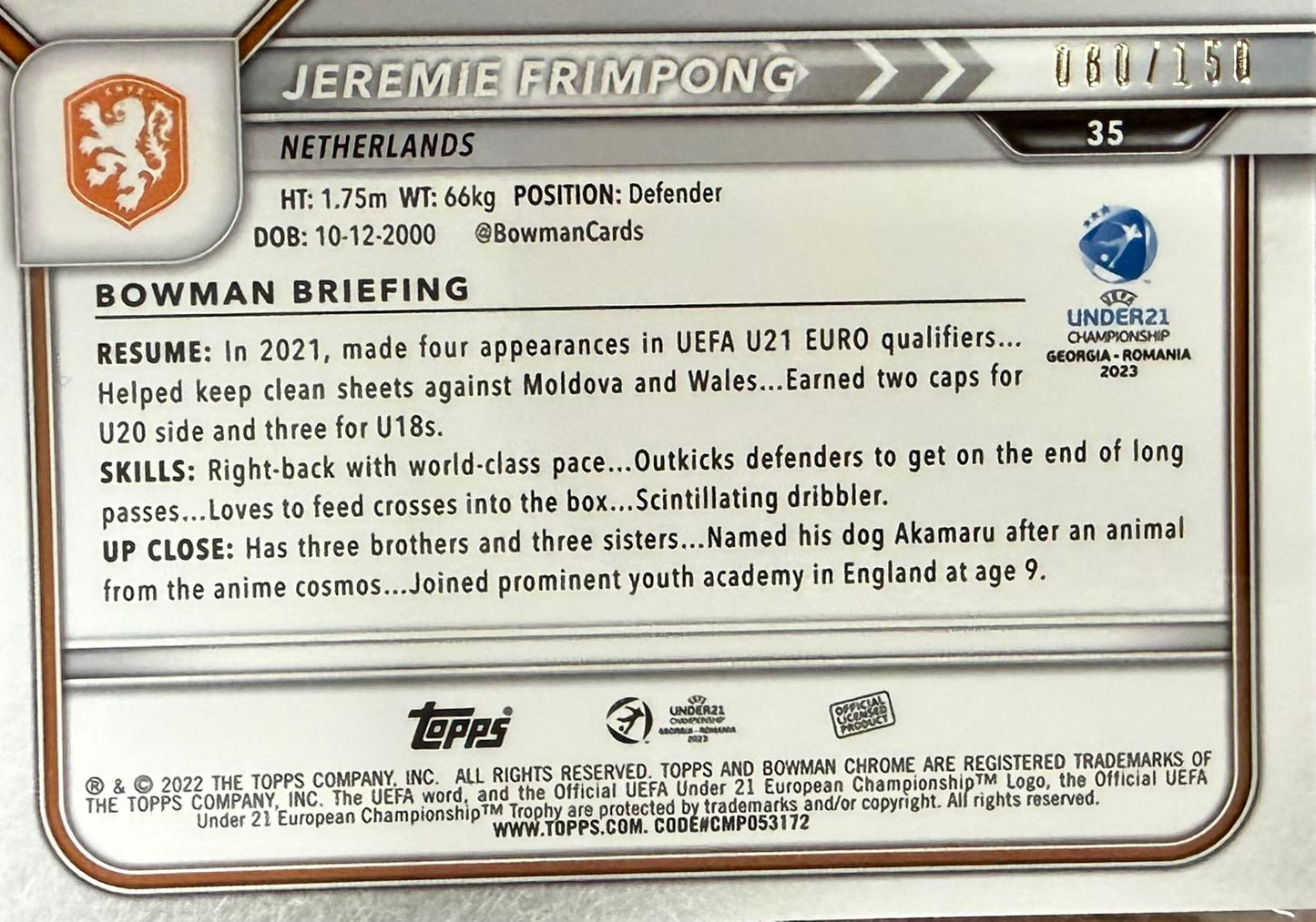 Jeremie Frimpong 1st Bowman Numbered /150 Chrome