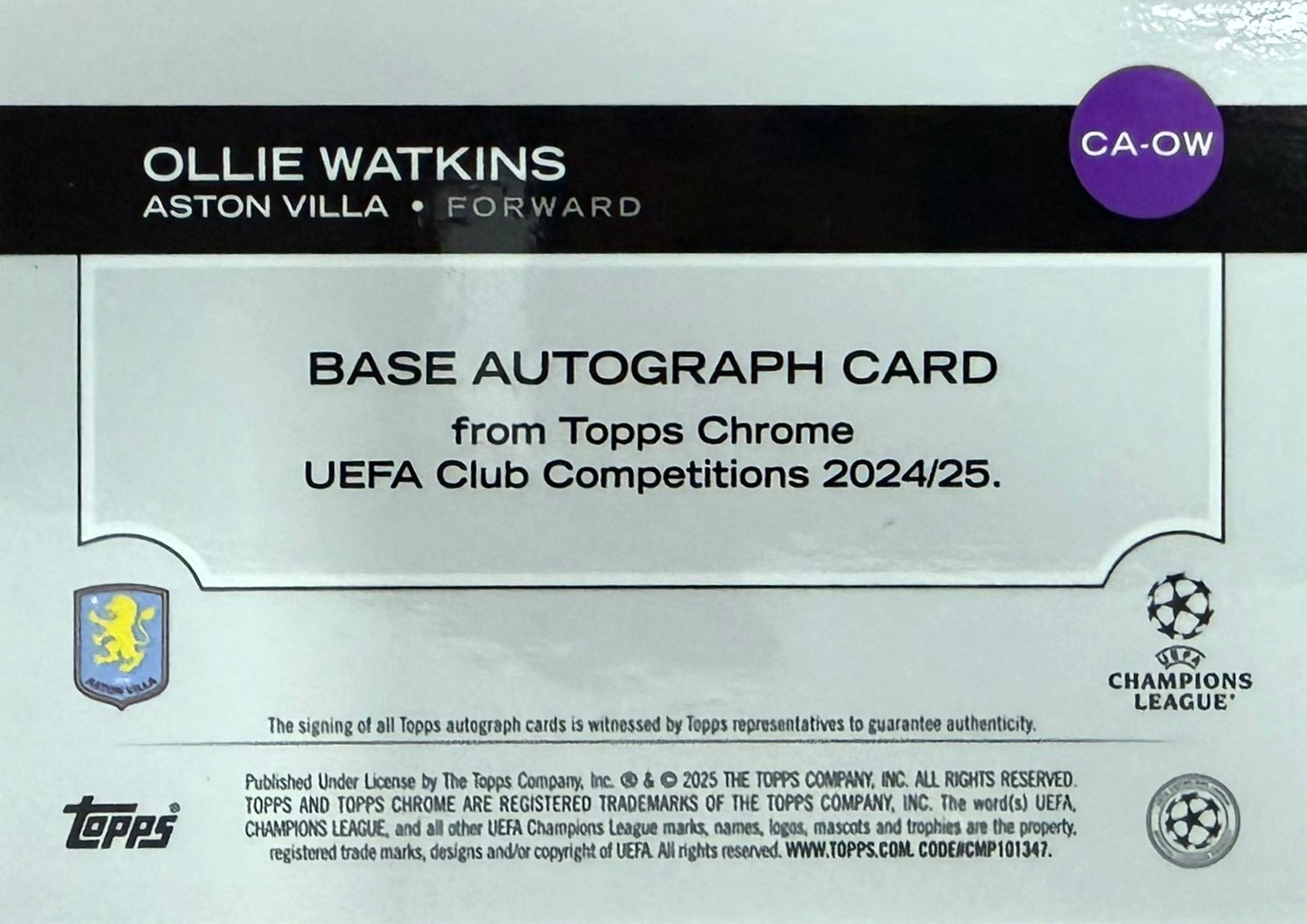 Ollie Watkins Autograph Numbered /10 Topps Chrome