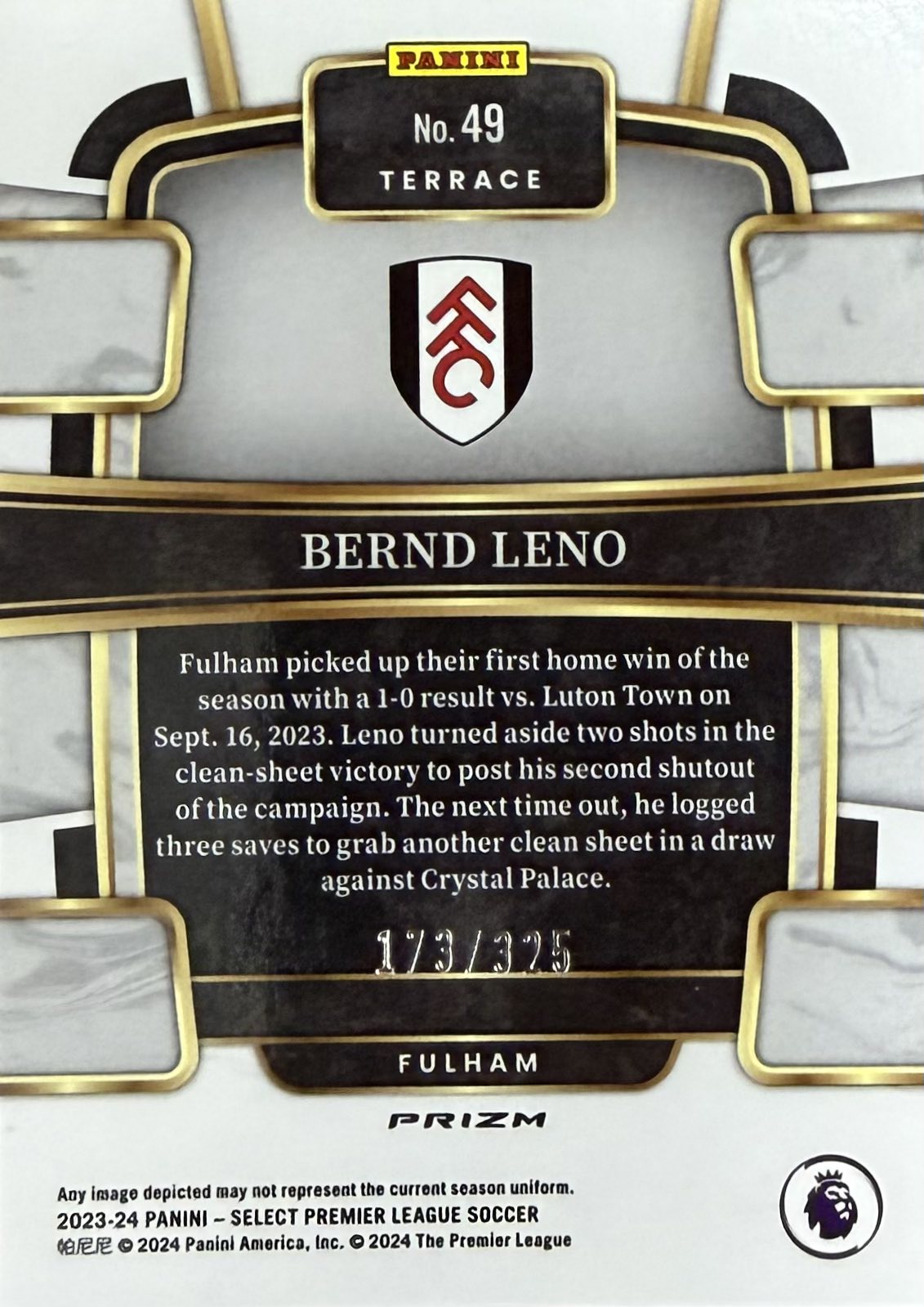 Bernd Leno Numbered /325 Panini Select EPL