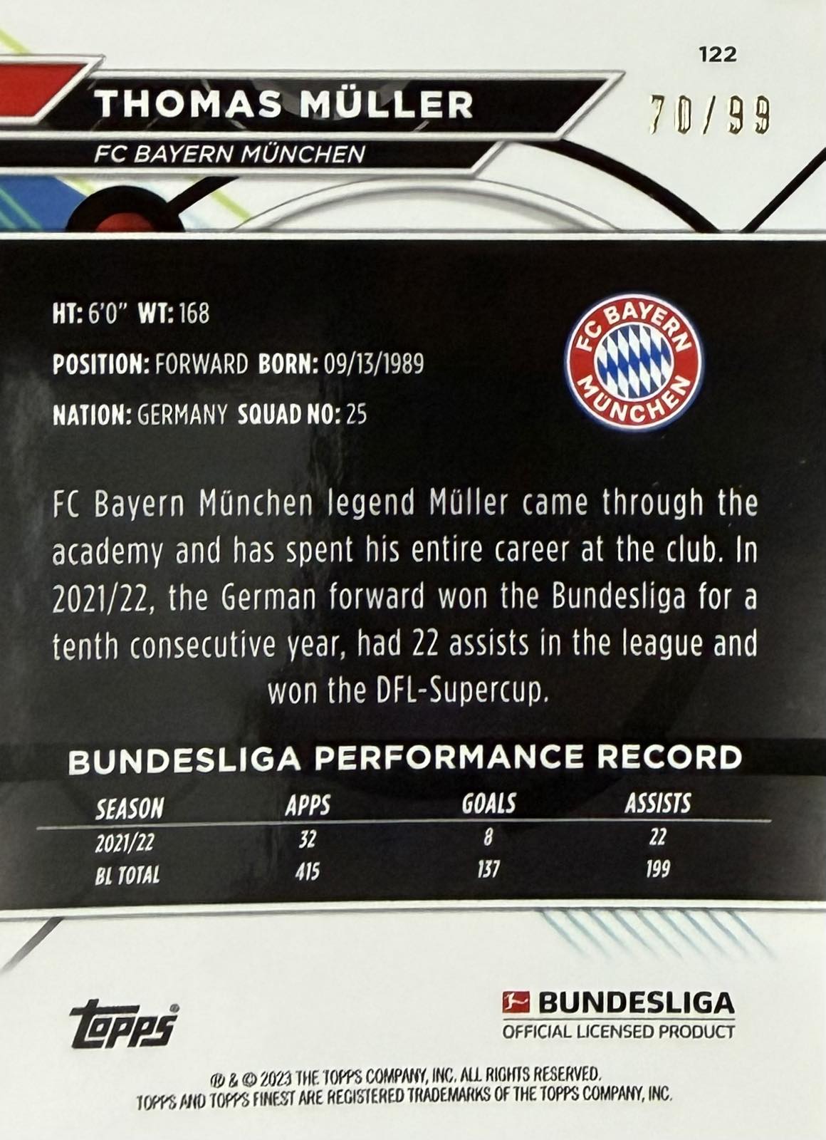 Tomas Muller Numbered /99 Topps Finest Bundesliga
