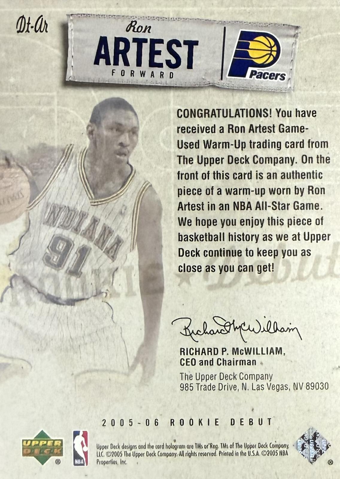 Ron Artest Game-Worn Patch Rookie Upper Deck Debut Threads