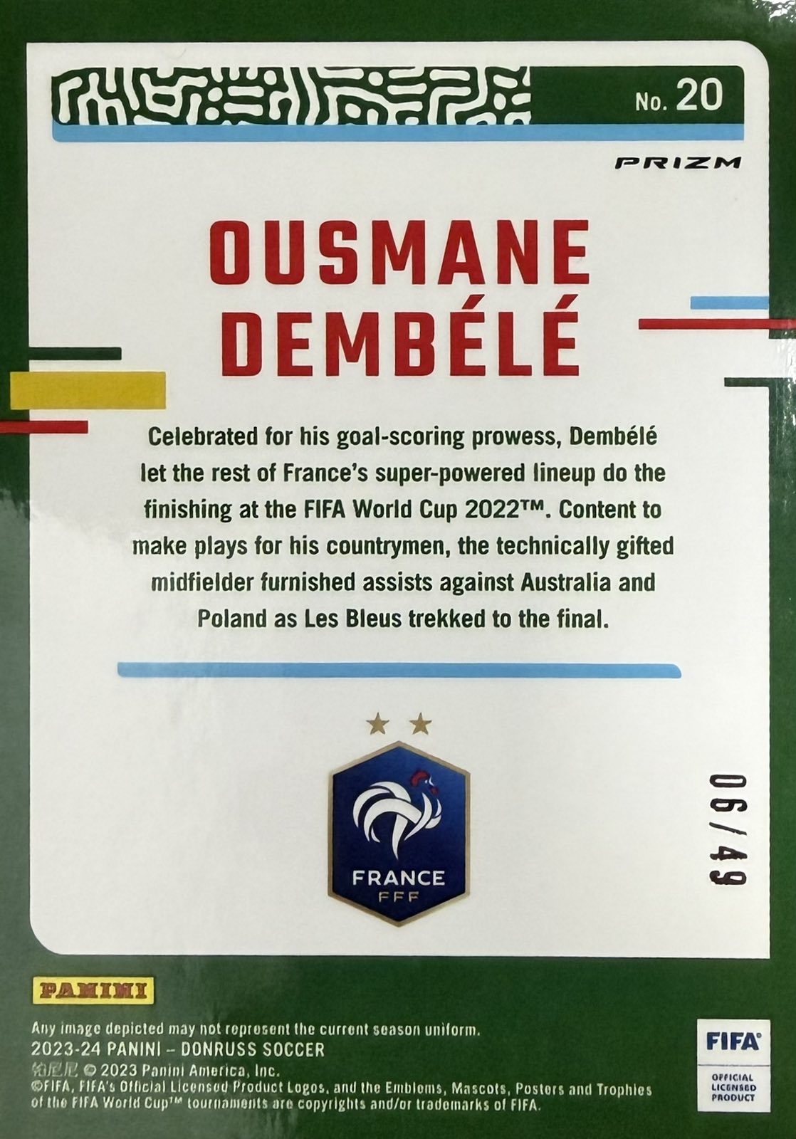 Ousmane Dembele Numbered /49 Panini Donruss Optic