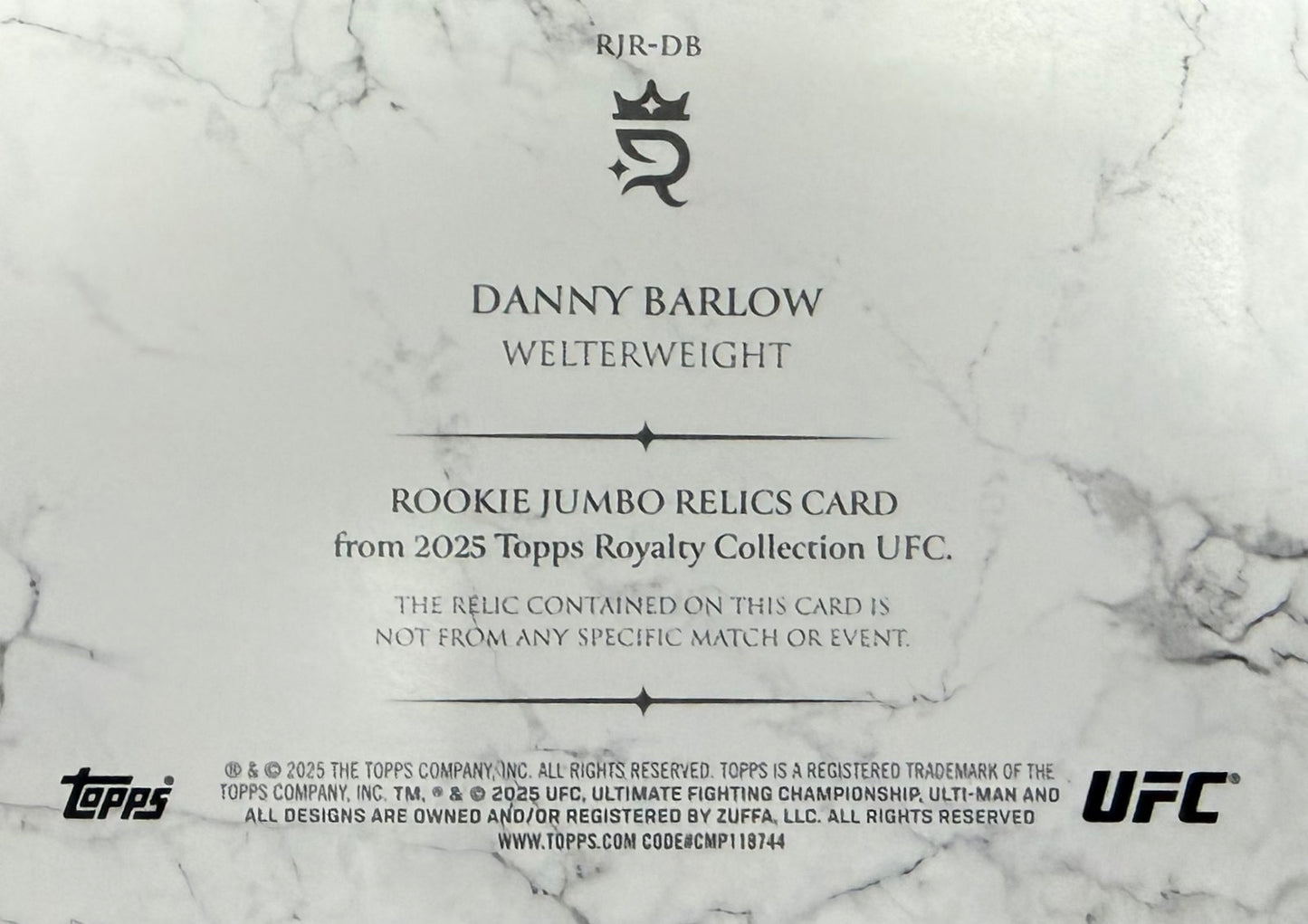 Danny Barlow Fighter-Worn Patch Numbered /99 Topps Royalty