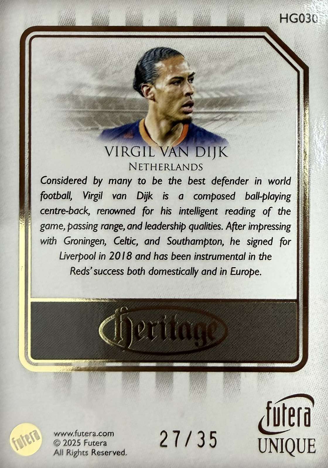 Virgil Van Dijk Numbered /35 Futera Unique