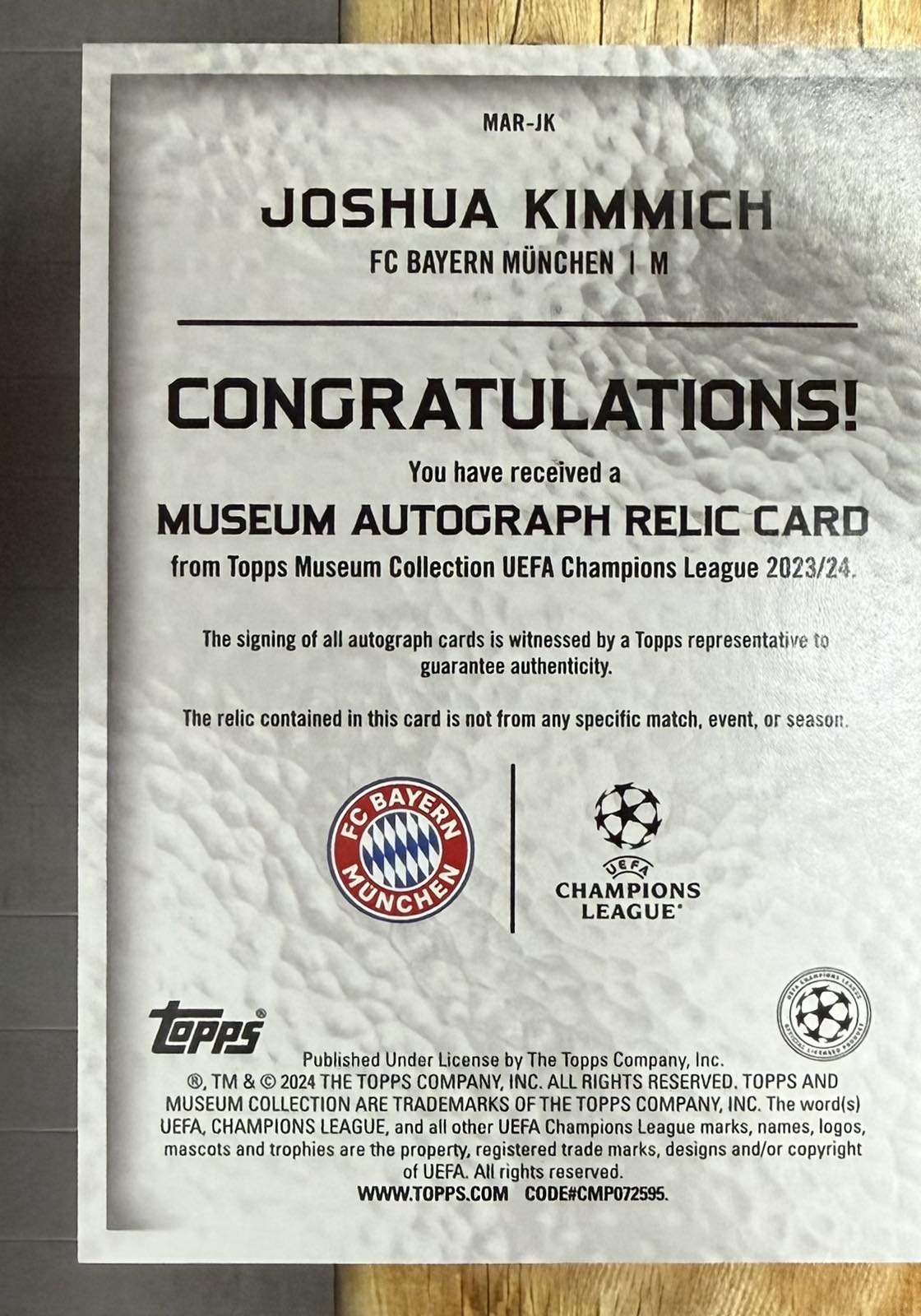 Joshua Kimmich Player-Worn Patch Autograph Numbered /299 Topps Museum