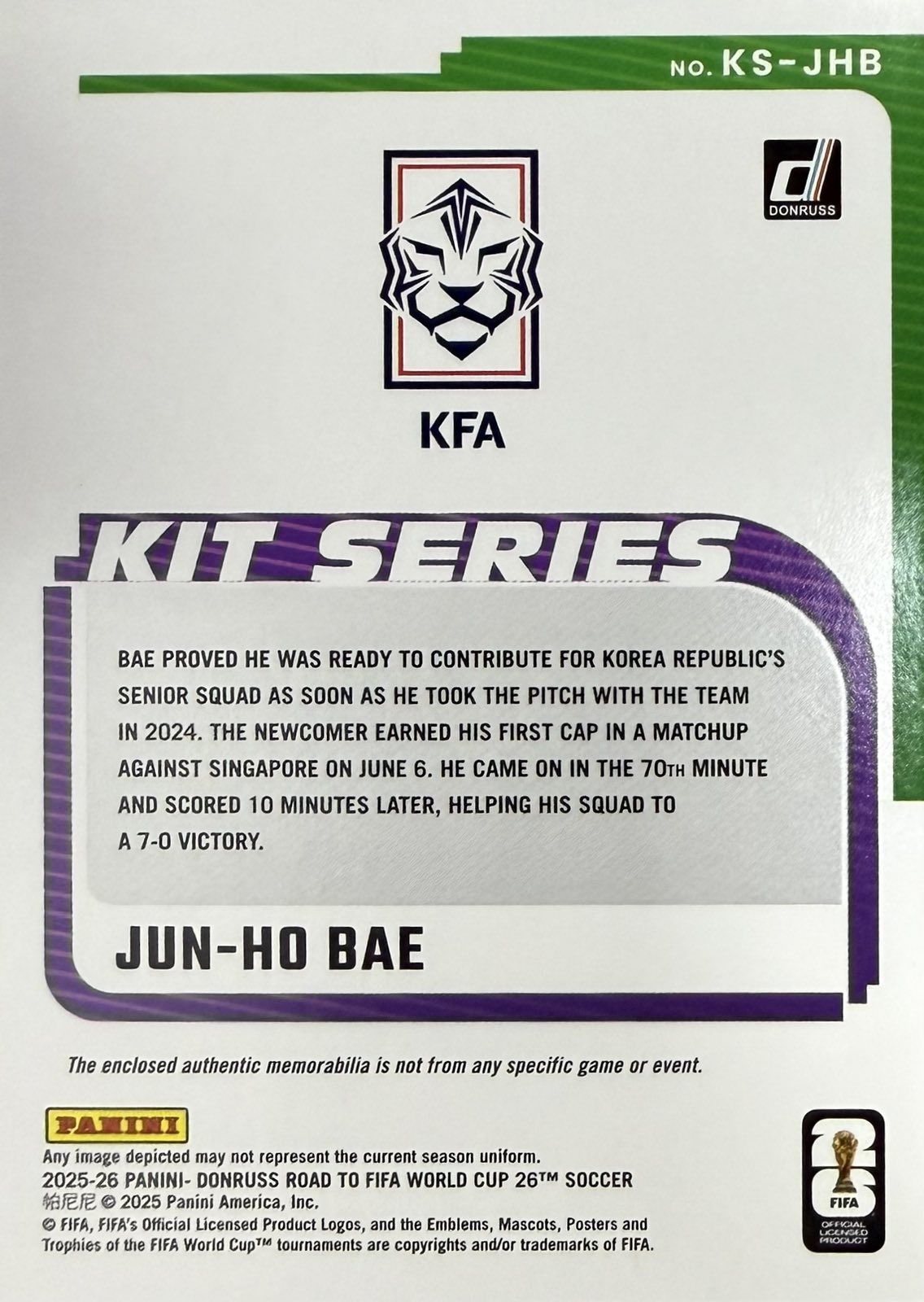 Jun-Ho Bae Patch Numbered /49 Panini Donruss World Cup