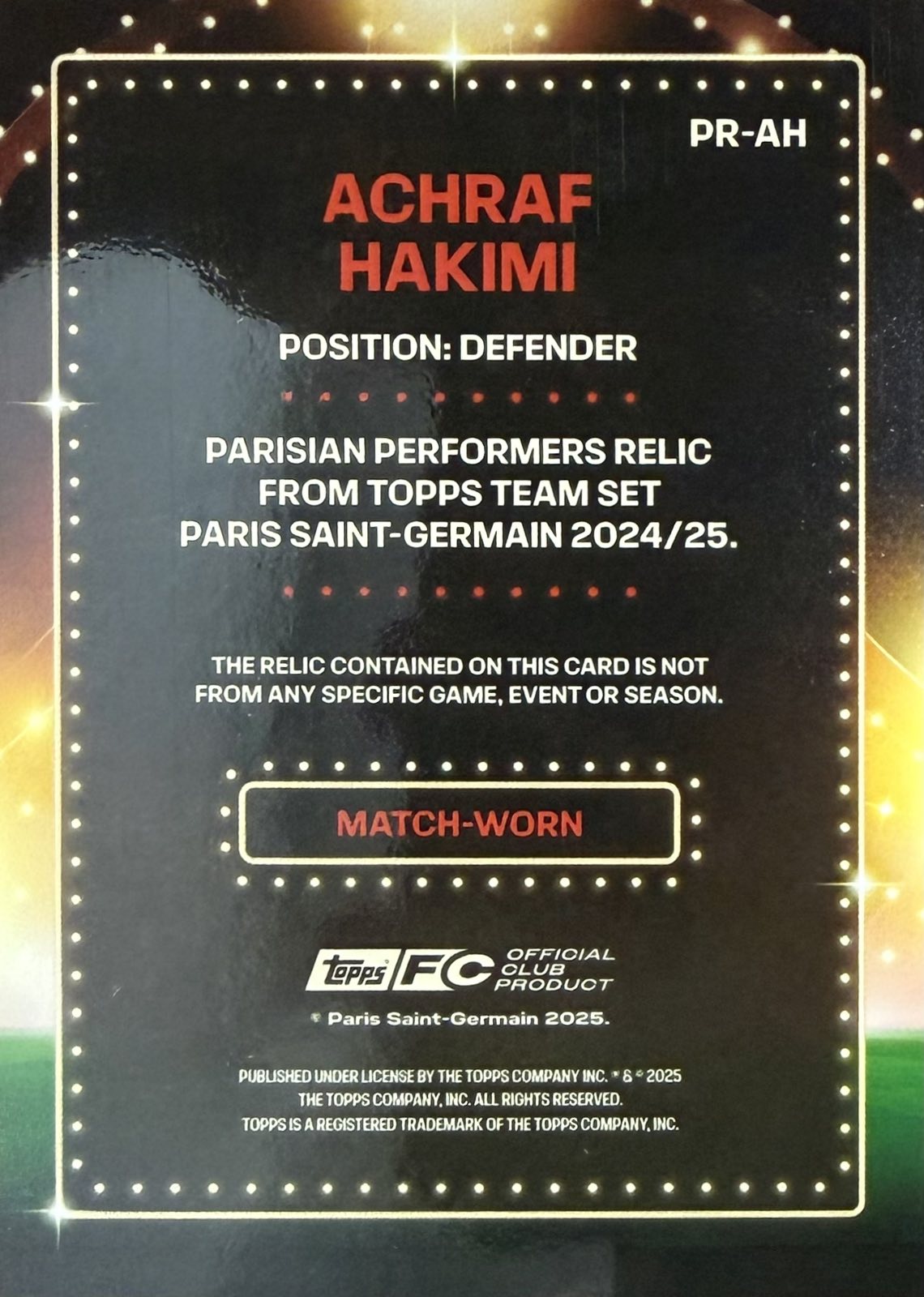 Achraf Hakimi Match-Worn Patch Numbered /199 Topps PSG Team Set