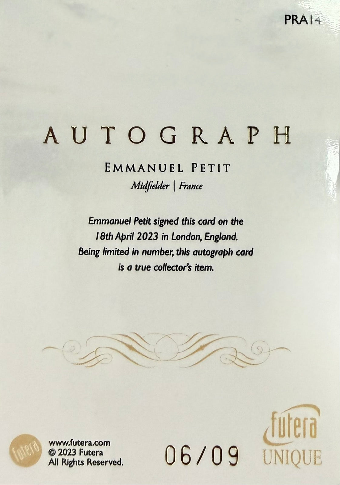 Emmanuel Petit On-Card Autograph Numbered /9 Futera Unique