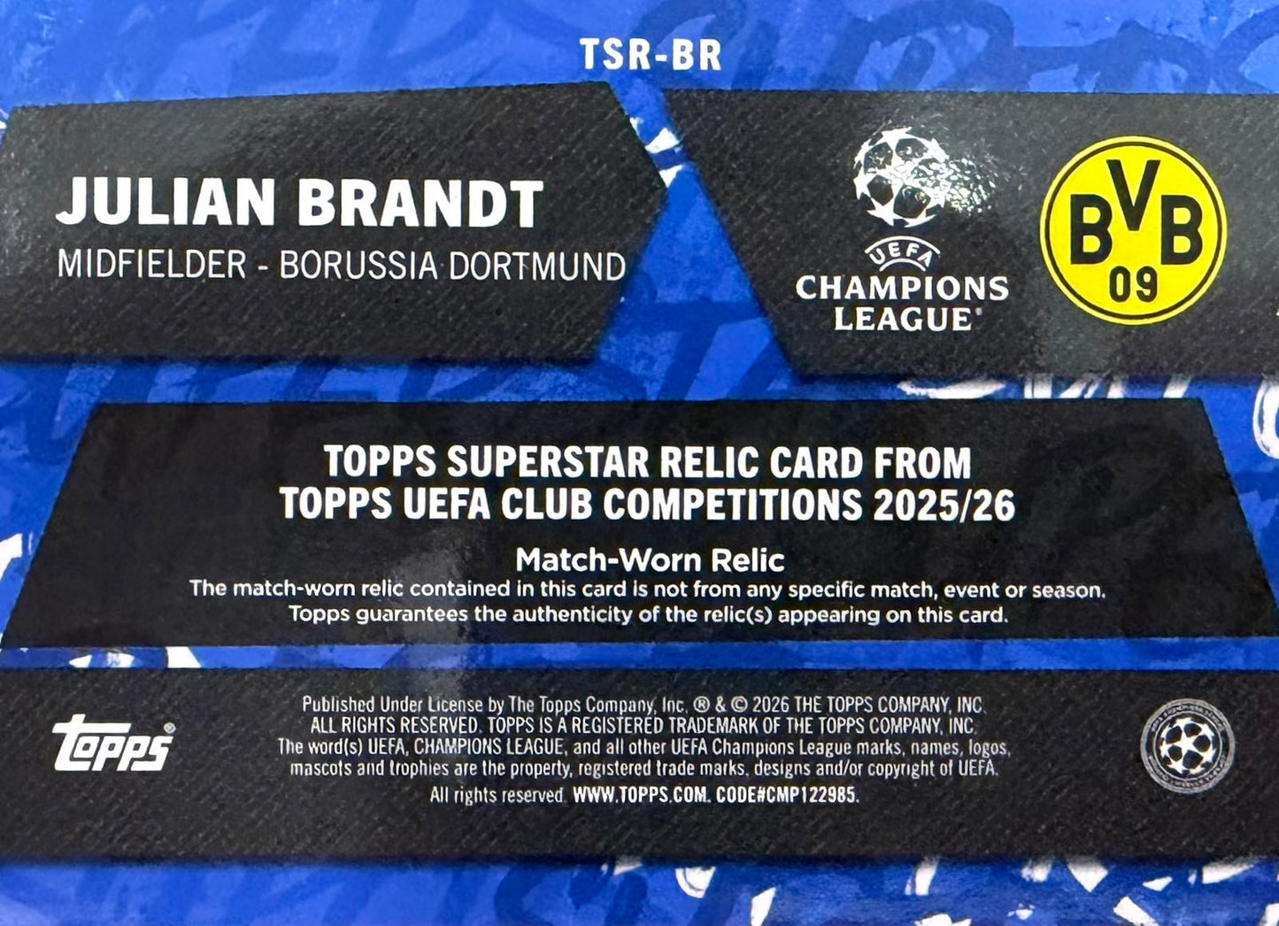 Julian Brandt Match-Worn Patch Numbered /250 Topps Flagship